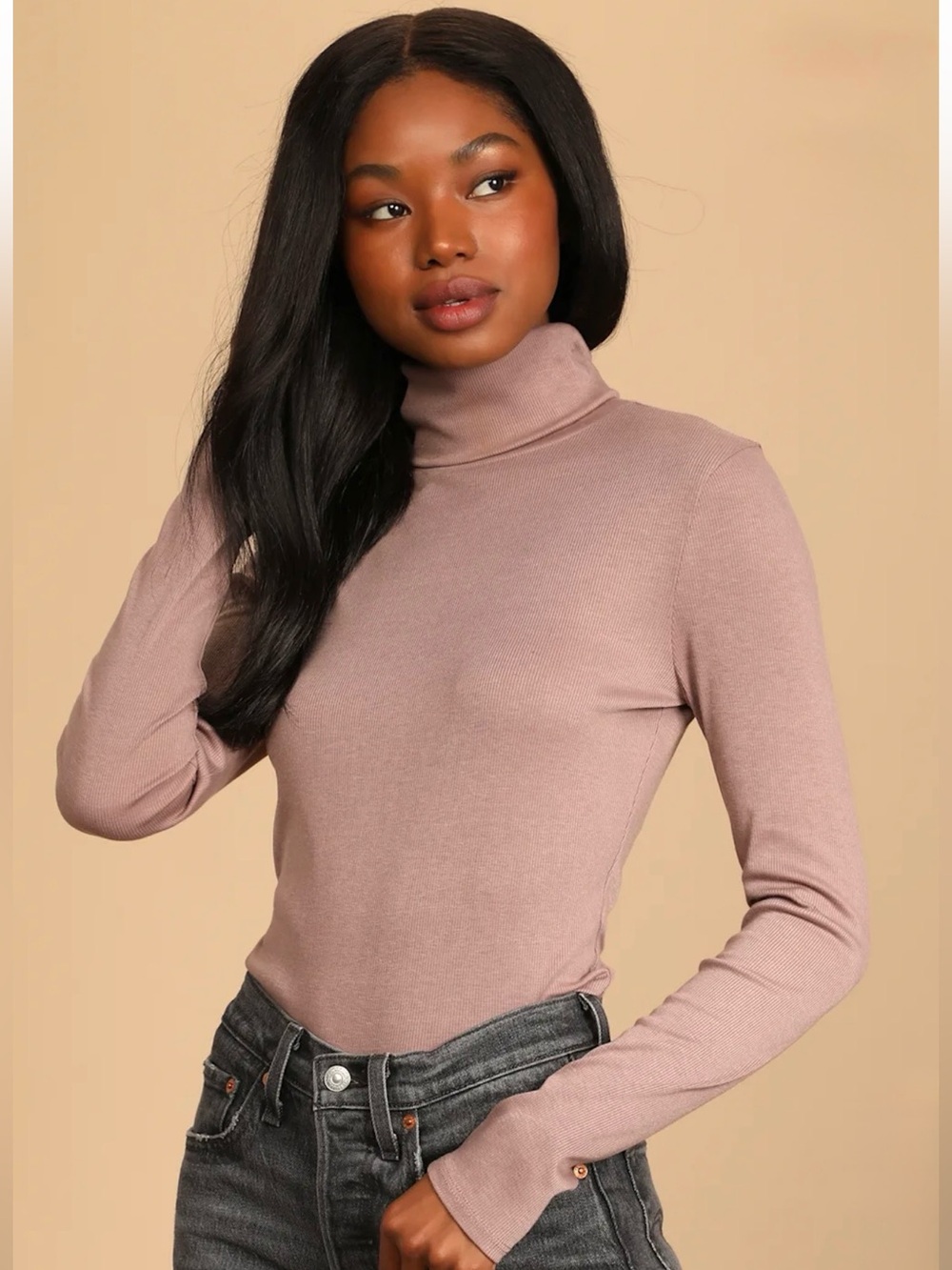 Lulu's Sherie Taupe Ribbed Long Sleeve Turtleneck Top Medium NEW